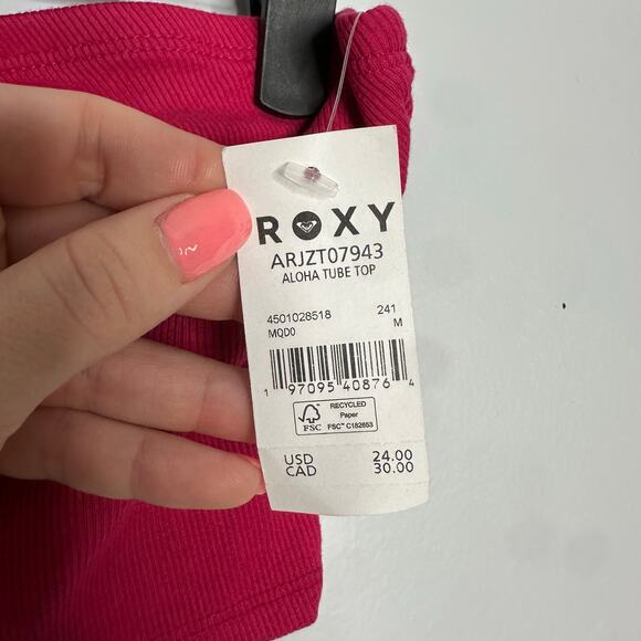 Roxy Women’s Aloha Bright Pink Ribbed Cropped Tube Top with White Flowers Size M - Picture 6 of 7